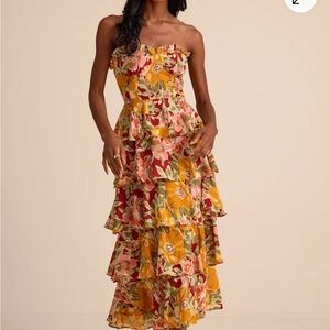 Lulu's Nahya Yellow Multi Floral Strapless Tiered Midi Dress